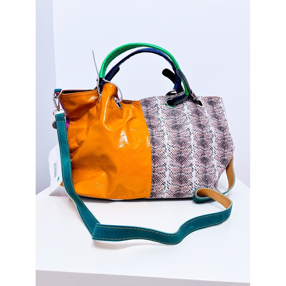 EBARRITO Orange Purple Snakeskin Print Leather Patchwork Tote Shoulder Bag